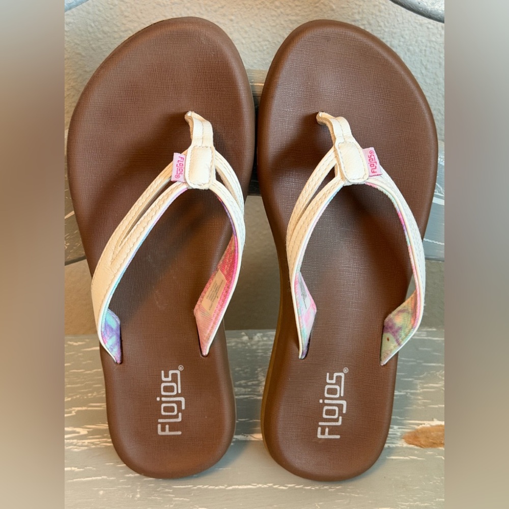 Flojos White Strap Flip Flop Sandals with Brown Footbed